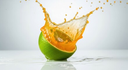 Green lime half bursts with orange liquid splash and flying drops