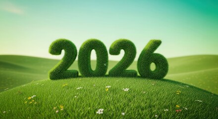Green '2026' numbers crafted from grass on a bright, sunny hill