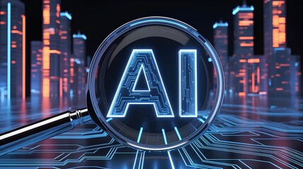 Futuristic artificial intelligence with synthetic data illuminating a digital cityscape