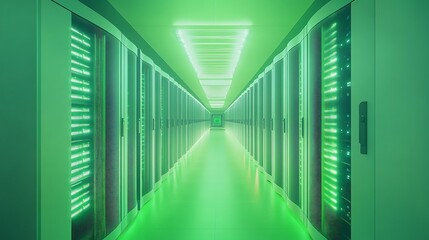 Abstract 3D background with binary code in a long, empty office hallway with green lines leading to an entrance door