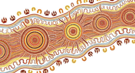 Vibrant australian aboriginal dot painting depicting winding river with sun symbols and animal tracks