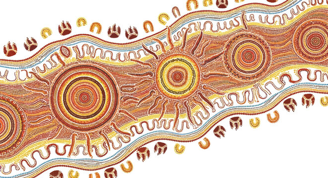 Vibrant australian aboriginal dot painting depicting winding river with sun symbols and animal tracks