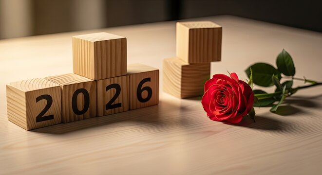 Wooden Blocks Displaying 2026 Next to a Beautiful Red Rose