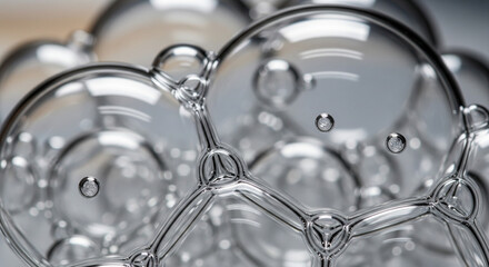 Detailed abstract structure of interconnected clear glass or liquid bubbles.
An extreme macro and abstract photograph showcasing a geometric structure of large, glossy, clear spheres resembling soap 