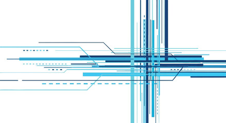 A futuristic blue circuit board design with intersecting lines and geometric shapes on a white background, conveying a technological and innovative mood with a cinematic feel.