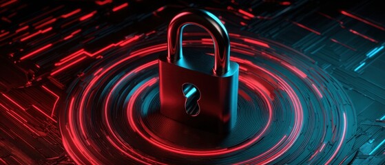 The Padlock on Futuristic Neon Circuit Board Symbolizing Digital Security and Data Protection