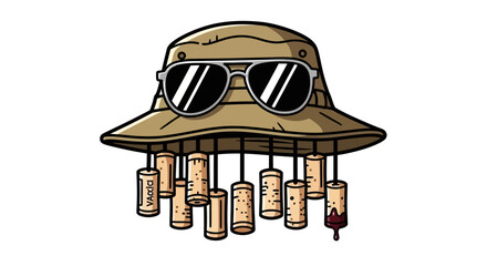 Humorous cartoon bucket hat adorned with sunglasses and dangling wine corks, representing relaxed and perhaps slightly inebriated individual enjoying leisure time