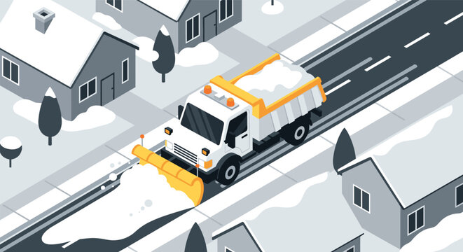 Isometric snow plow clearing urban streets in winter scene