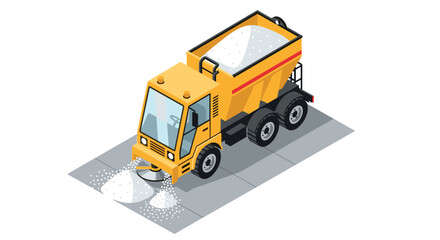 Isometric road salt spreader truck on pavement: winter maintenance equipment
