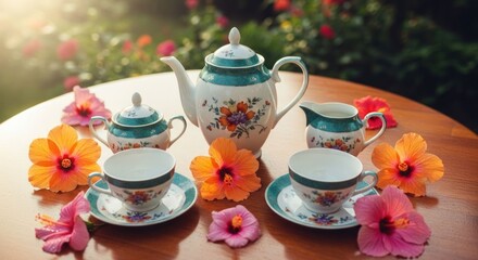 Fototapeta premium Outdoor tea party with patterned cups and vibrant hibiscus blooms