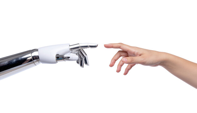 A hyperrealistic image depicting a human hand and a robotic hand reaching towards each other on transparent background. Human hand and robot hand touching. - Powered by Adobe