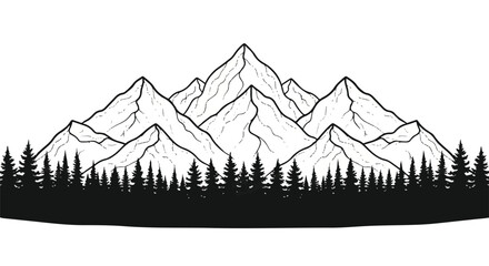 Illustration of a mountain range with pine trees in silhouette against a white background with a simple line drawing style.