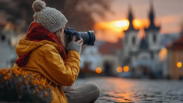 Passionate travel photographer capturing vibrant sunset in Prague, creating stunning visuals for travel blogs and documentaries, inspiring adventure and wanderlust
