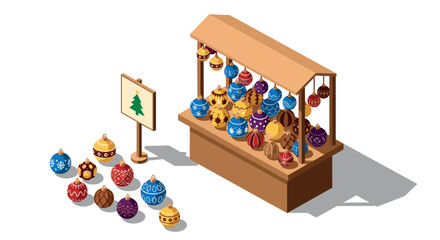 Festive market stall with colorful christmas ornaments in isometric style