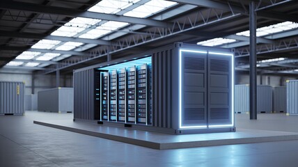 Edge computing infrastructure showcasing a containerized server unit and data center concept