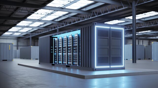 Edge computing infrastructure showcasing a containerized server unit and data center concept
