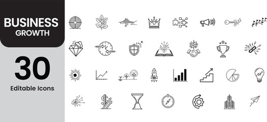 Fototapeta premium Collection of 30 editable business growth icons in a clean line art style for presentations and websites