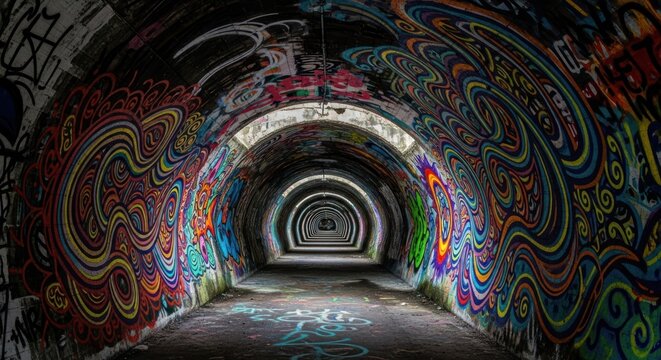 Vibrant graffiti covers long, arched tunnel walls in abstract swirls