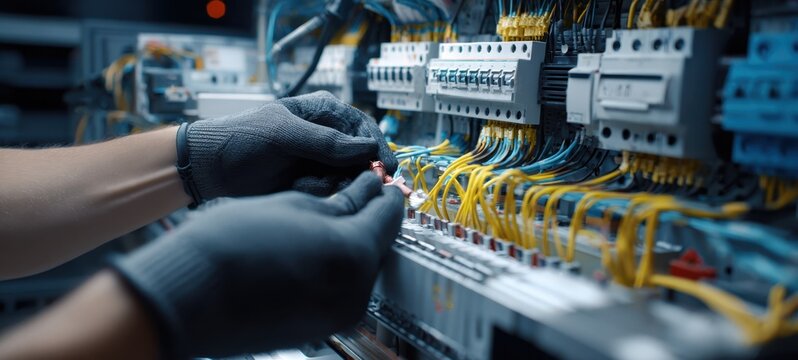 The Electrician Repairing a Complex Electrical Control Panel with Gloved Hands and Wires