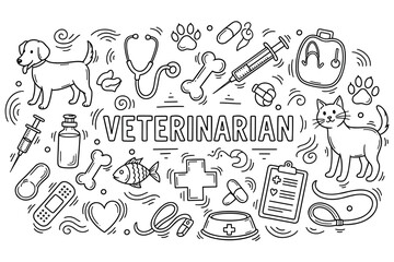 Veterinarian tools and animals doodle: dog, cat, medical supplies, and equipment