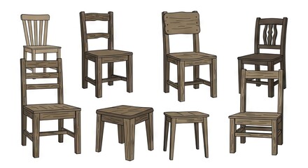Collection of Wooden Chairs and Stools in Varying Heights and Designs on White Background