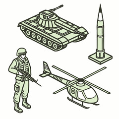 Classic army man standing with a weapon and tanks in the background, drawn in vector art for antique war-themed illustration and poster design