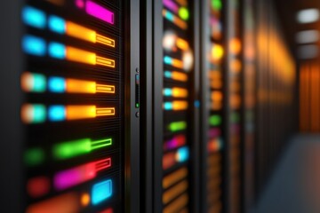 A colorful array of illuminated server panels in a data center, showcasing modern technology and digital infrastructure.