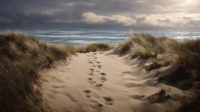Windy beach path through sand dunes at sunset. AI image