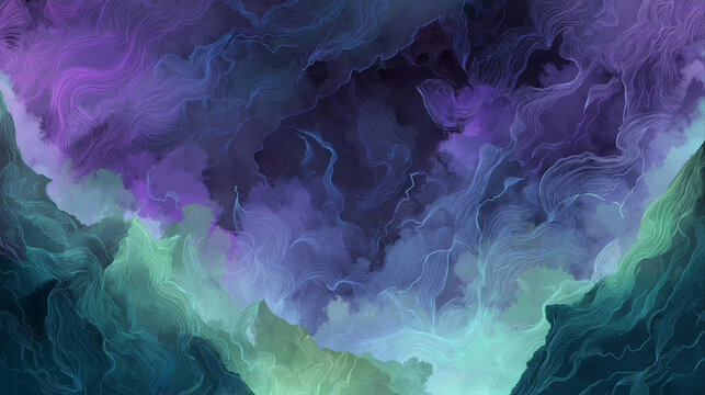 Abstract purple and green smoke flowing like a magical waterfall.