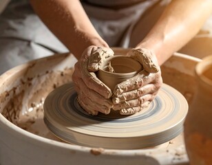 Close-up of hands shaping clay on a pottery wheel