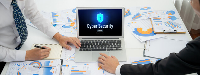 Cyber security system on computer screen protect private information brisk from hacker and cyber...