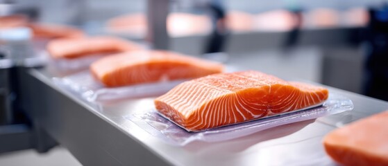 The Salmon Fillets on a Stainless Steel Conveyor Belt in Modern Processing Plant