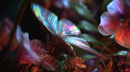 Naklejka premium Ethereal butterfly on dewy blooms at dusk. AI image