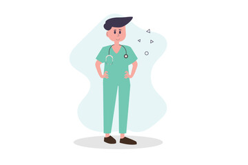 Flat-style vector illustration of a smiling medical worker wearing scrubs and stethoscope.Perfect for healthcare,hospital,doctor,nurse,clinic and emergency design projects.