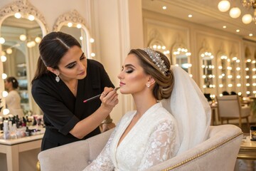 Makeup artist applying lipstick to a beautiful bride in a beauty salon