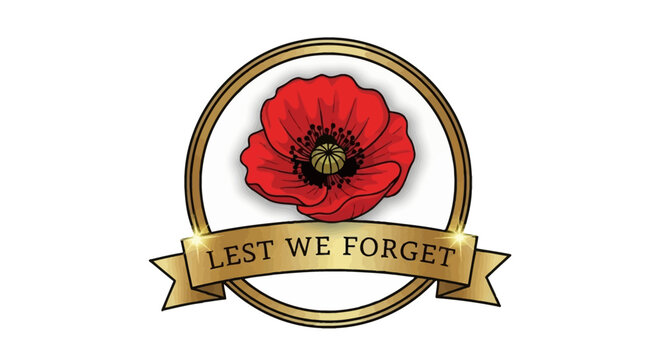 Red poppy with the words lest we forget on banner, symbolizing remembrance and sacrifice