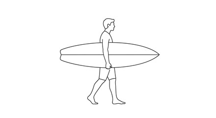 Line drawing man walking with surfboard under his arm