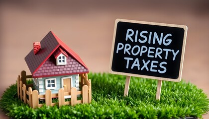 A miniature house with a small fence on green grass next to a sign displaying 'RISING PROPERTY TAXES', symbolizing increasing housing costs.