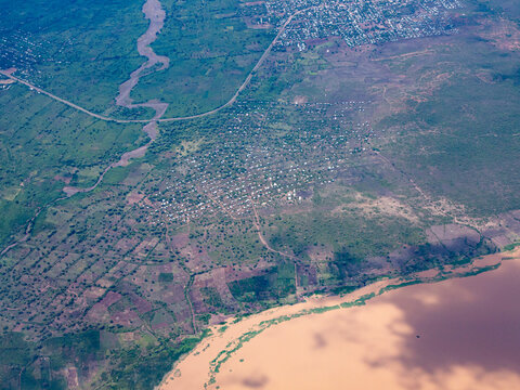Aerial view of villages and farms at the edge of Lake Abaya near Arba Minch, Ethiopia.