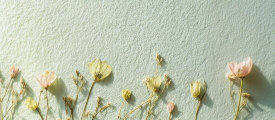 Handmade background with pressed spring flowers and light green paper, soft pastel tones, delicate natural textures, daylight from the side, space