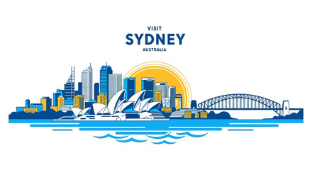 Naklejka premium Vibrant the sydney skyline, featuring iconic landmarks like the opera house and harbour bridge, set against bright yellow sun and blue water, representing australias capital city