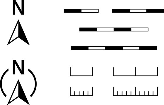 Basic Black Round North Mark Arrow Sign Symbol in Circle and Scale Icon and Linear or Bar Scale Cartography Set for Map or Site Plan Orientation. Vector Image.
