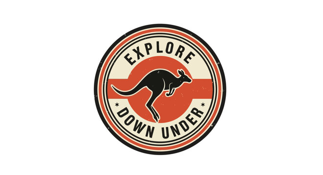 Naklejki Circular emblem or badge with the text explore down under and silhouette kangaroo in midleap, symbolizing australian adventure and travel