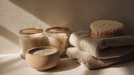 Handmade bathroom with clay soap dish, natural loofah, linen towel, and glass jar candles, neutral earthy tones, morning light, calm spa atmosphere