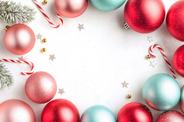 Festive Christmas Frame with Colorful Ornaments and Copy Space