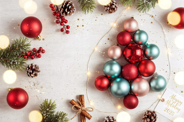 Christmas Tree Made of Colorful Baubles with Festive Lights and Happy Holidays 2025 Tag