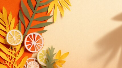 Handmade collage with paper cutouts of palm leaves and citrus slices, vivid summer palette, sunlight and soft shadows, natural textures, space