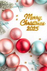 Elegant Merry Christmas 2025 Card with Gold Text and Festive Decorations