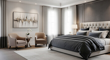 An ultra-realistic, serene view of a lavish master bedroom suite. A king-sized bed with rich, textured linens is central. A private sitting area with designer armchairs and a subtle, high-end art piec
