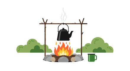 Simple flat campfire with black kettle boiling over the flames, set against backdrop green bushes, evoking sense outdoor adventure and camping